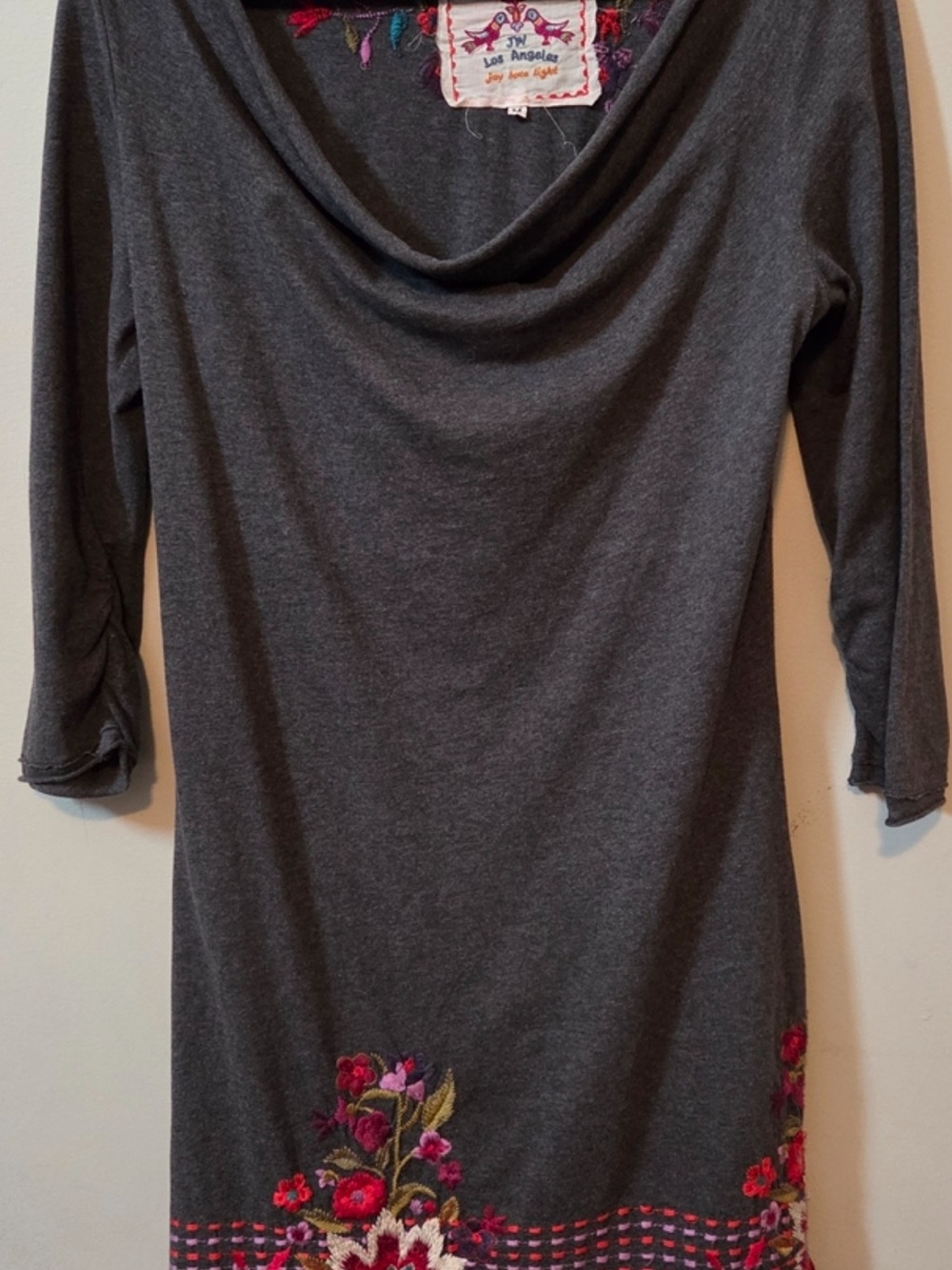 Johnny Was Charcoal Gray Long Sleeve Tunic with Floral Embroidery